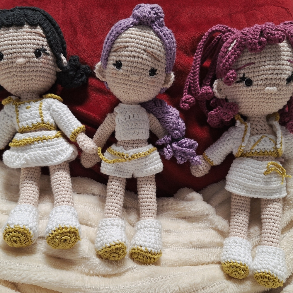 Handcrafted Crochet Doll Trio - White, Purple, Black